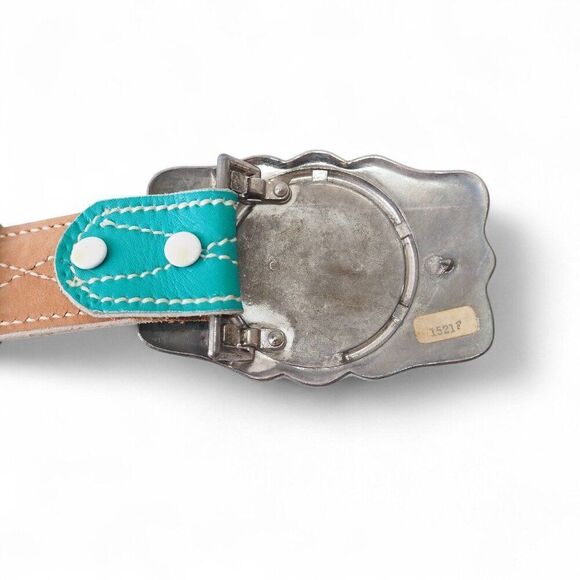 Unbranded Vintage Steel Belt Buckle with Hereford Leather Turquoise Belt 28 - Picture 5 of 7